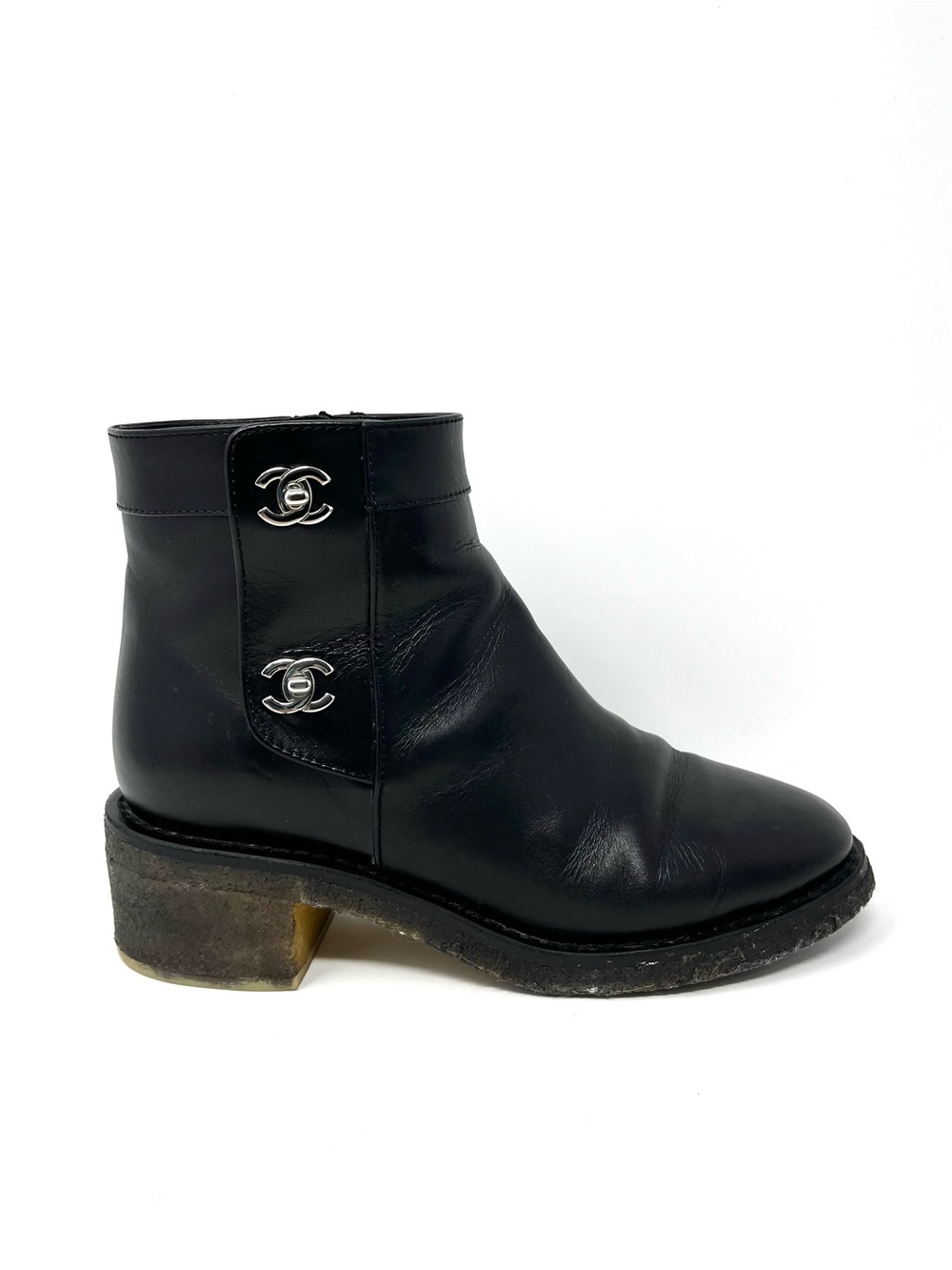 Chanel Black Leather CC Logo Turnlock Ankle Boot Boots Booties Shoes Moto 38 38C - Picture 3 of 11
